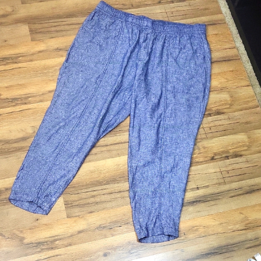 OLD NAVY Chambray Blue High-Rise Straight Taper Drawstring Linen Blend Pant